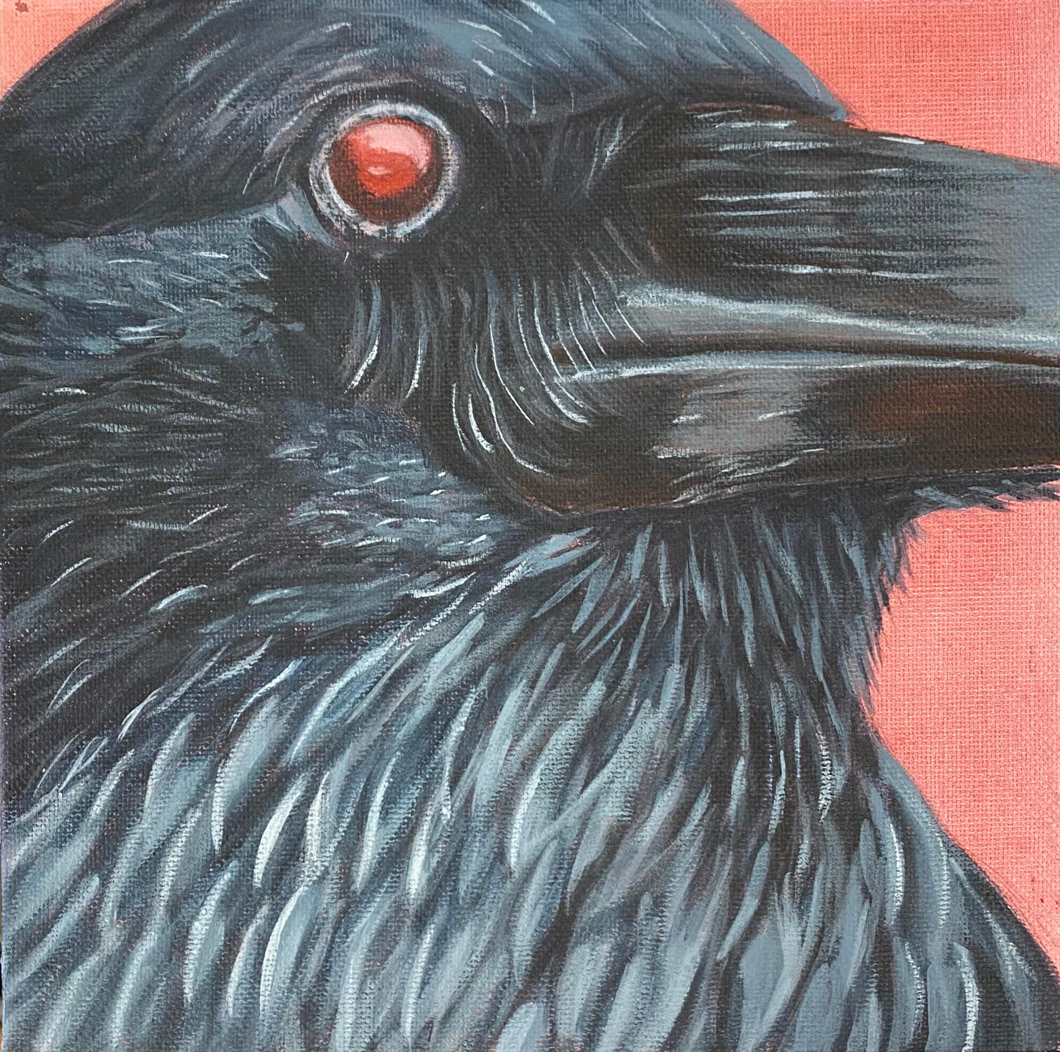 Part of an illustration series for Edgar Allan Poe's The Raven. Depicts the titular raven from the view of the narrator. 8x8 inches, acrylic on canvas