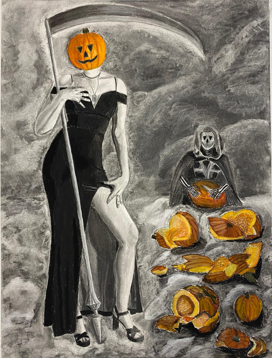 Continuation of the glamourous pumpkin lady series, inspired by "Saturn Devouring his Son." 16x20 inches, charcoal and oil pastel on drawing paper.