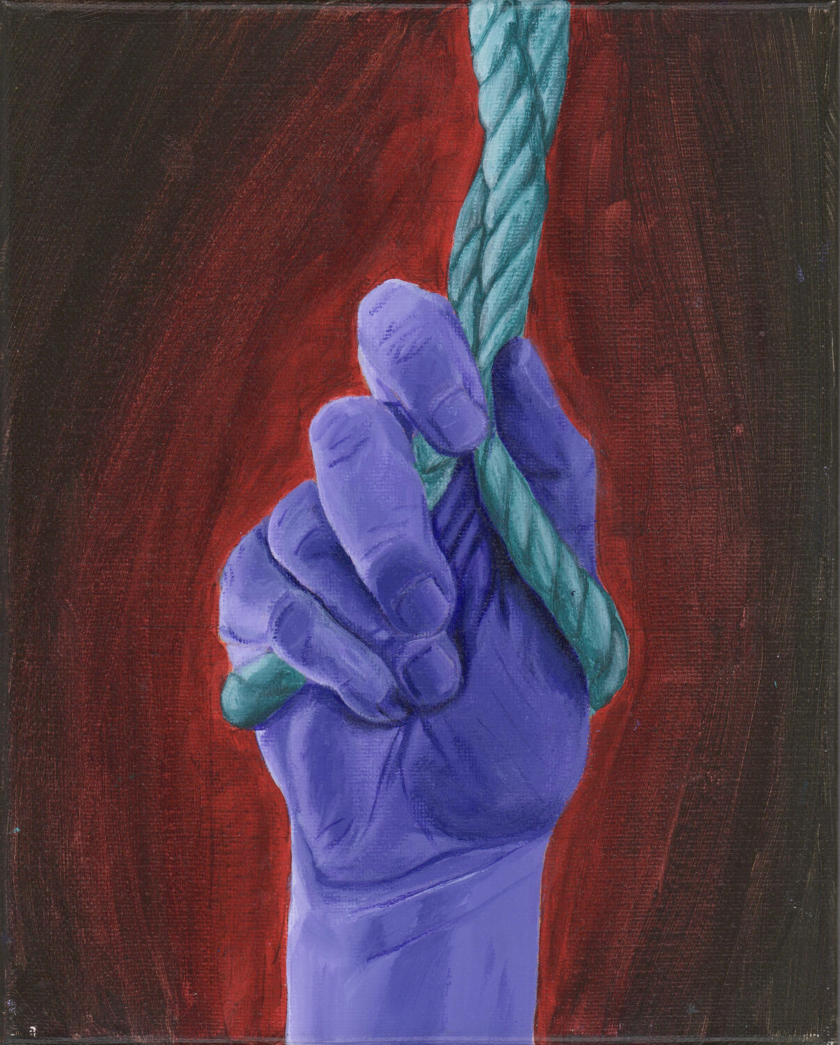 Part of a climbing series about the tension between the hand and the equipment, featuring a rope. 8x10 inches, acrylic on canvas.