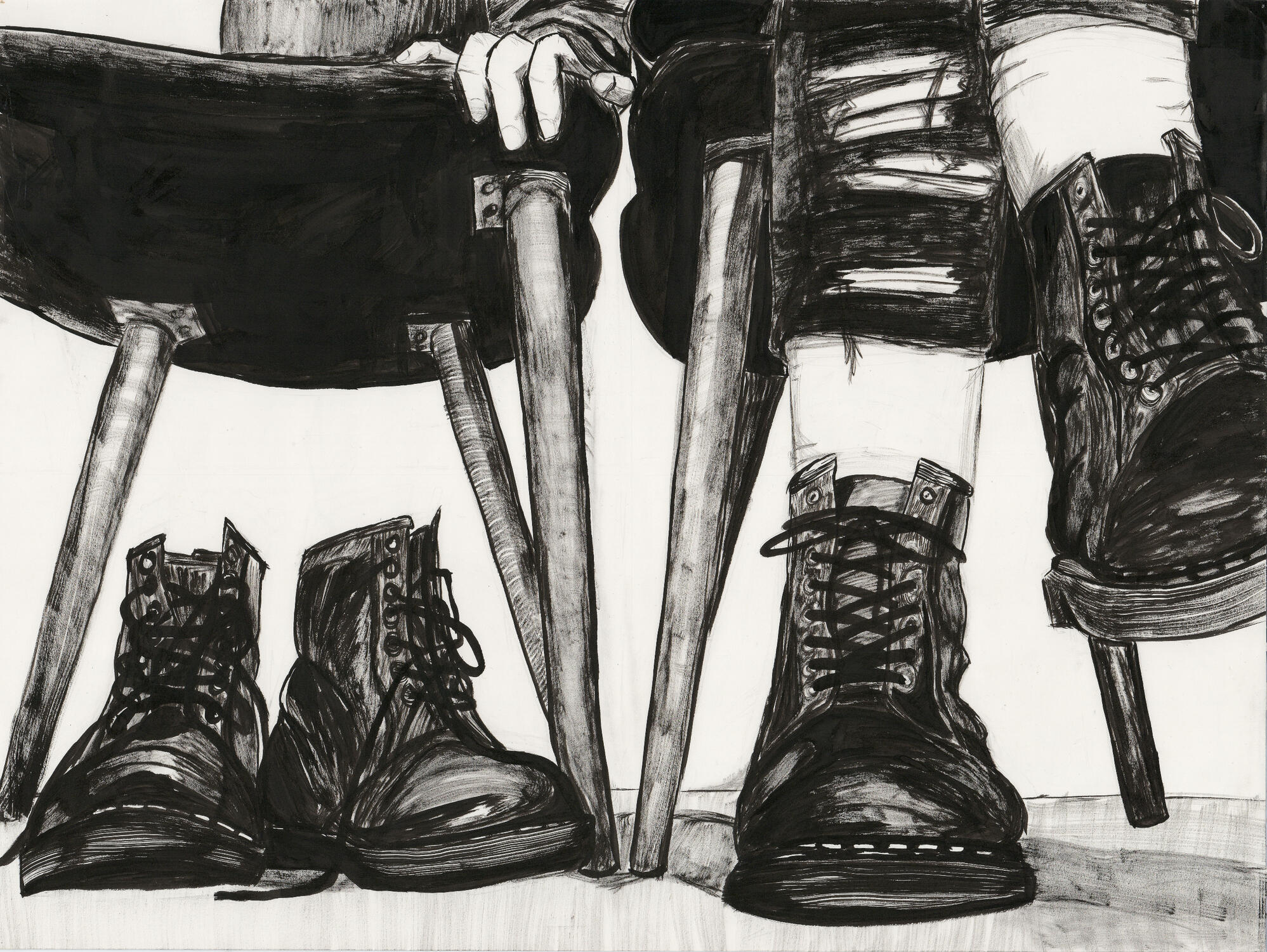 An self portrait and exploration of grief shown through shoes. 24x18 inches, india ink on watercolor paper