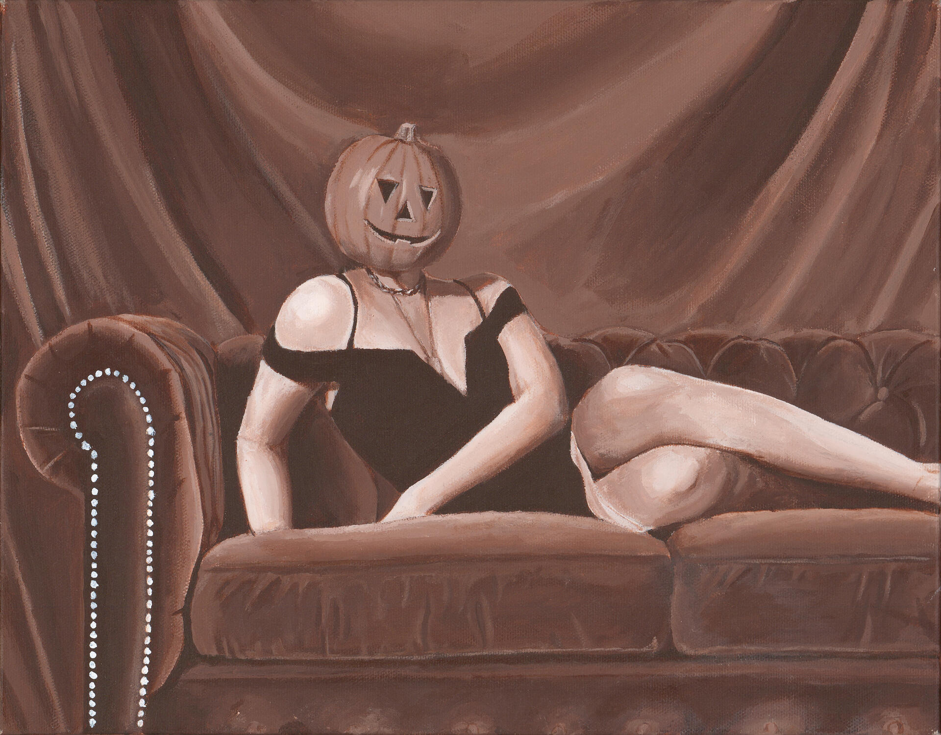 A monochrome painting study using an absurd glamor shot of a pumpkin lady of my own creation. 14x11 inches, acrylic on canvas
