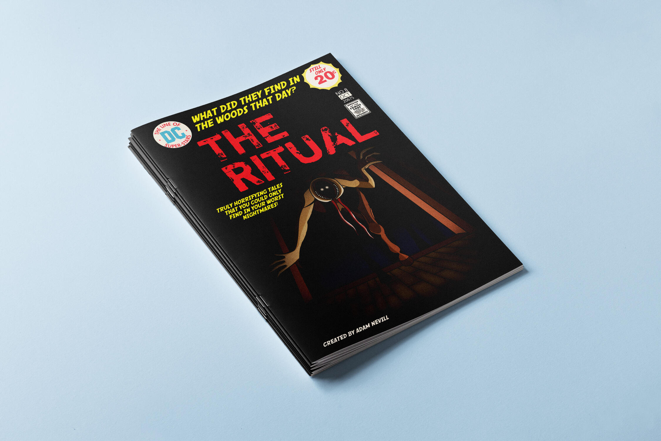 A comic book cover reimagining of the 2017 film "The Ritual," done in the style of a 1950s Black Magic horror cover. Created in Adobe Illustrator